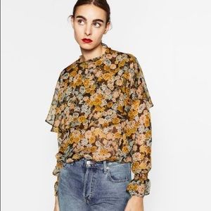 ZARA Frilly high collared printed blouse
